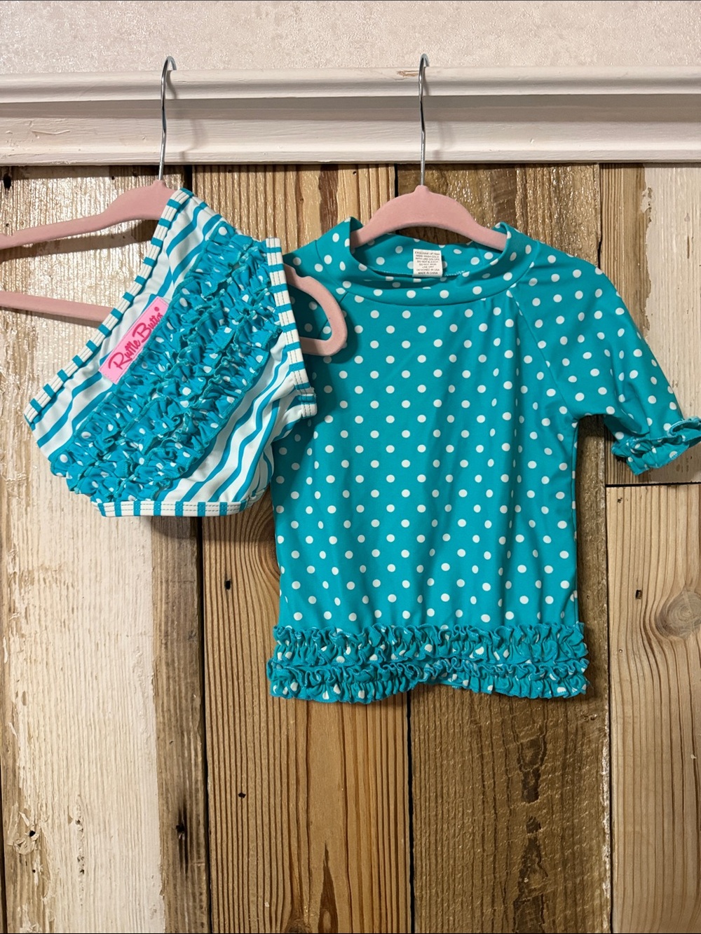 Ruffle Butts Teal and White Striped Ruffle Swim Bottoms